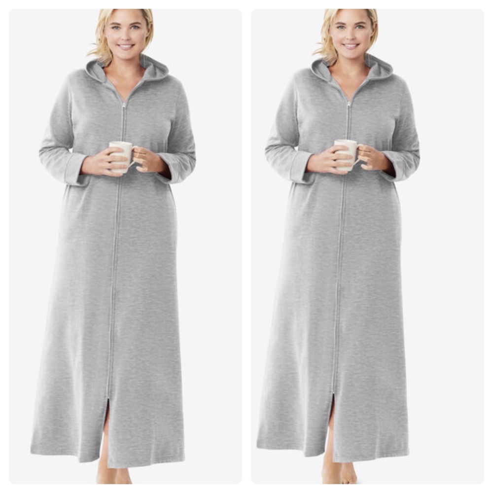 Dreams & Co. Long Hooded Fleece Sweatshirt Robe Long Grey Plus Size 2X (26-28)